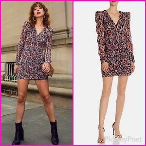 Aqua Puff Sleeve Feather V Neck Floral Print Mini Shift Dress XS fits a S NWT